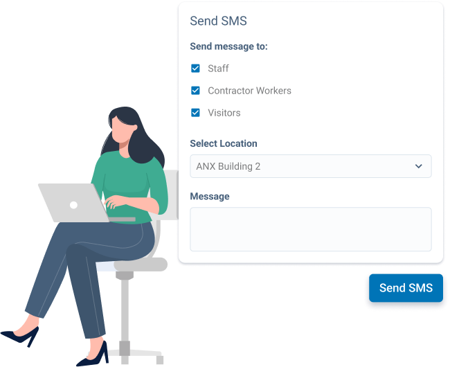 Illustration of woman at computer sending an emergency SMS broadcast